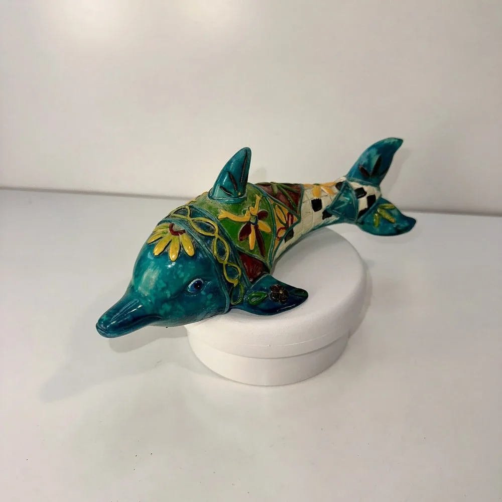 DOLPHIN MEXICAN FOLK Art Ceramic Figure Boho Y2K Decor Colorful 8